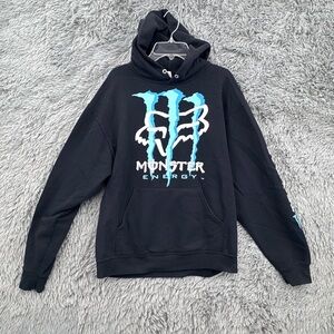 Fox Racing X Monster Hoodie Mens Medium Vintage Graphic Sweatshirt Y2K Black